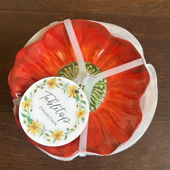 Set Of 8 Red Flower Peony Appetizer / Dessert Plates New Ceramic 5”